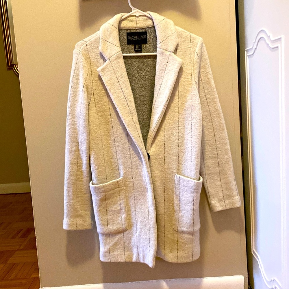 XS Rachel Zoe Cream Two Button Overcoat with Black Pinstripes